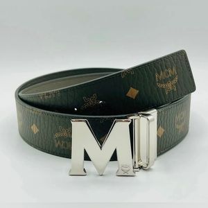 MCM Belt Green Visetos Canvas M Buckle Reversible Belt Unisex NEW Authentic